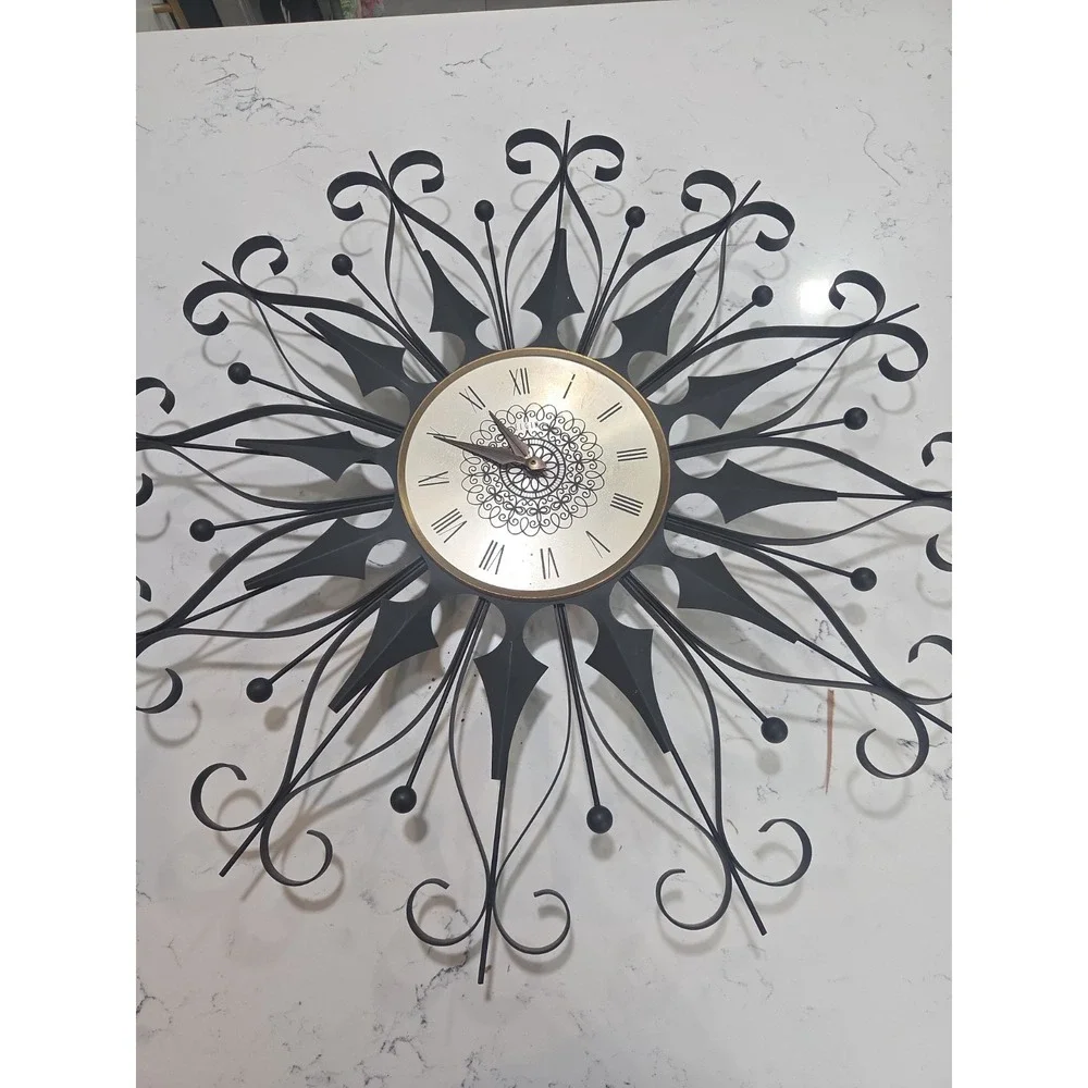 Elgin Mid Century Modern Black Wrought Iron Vintage Starburst Clock (working)